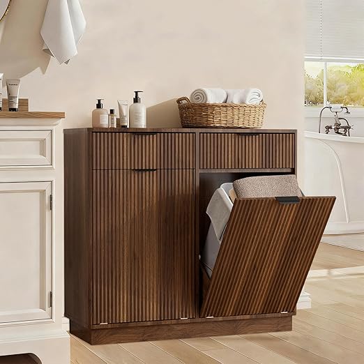 20 Gallon Double Tilt Out Trash Can Cabinet,Fluted Tilt Out Laundry Hamper Cabinet,Suitable for Kitchens, Laundry Rooms and Living Rooms Walnut Brown