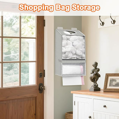Spaclear Wall Mount Plastic Bag Holder - Large Oxford Cloth Grocery Bag Holder, 2-in-1 Plastic Bags Organizer with Trash Roll Dispenser for Home Kitchen Closet Cabinets Sink, Gray