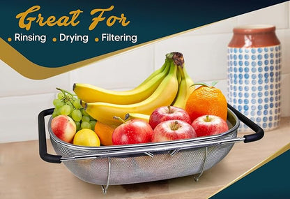 Over the Sink Colander for Kitchen - 6 Quart Over the Sink Strainer Basket with Extendable Ergonomic Handles and Resting Feet - Multipurpose Fine Mesh Strainer for Kitchen