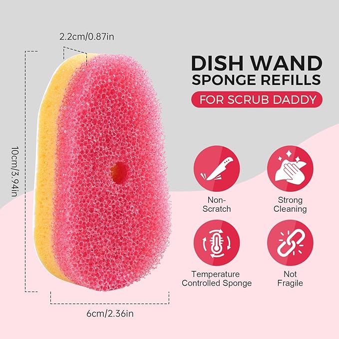 Sponge Refills for Scrub Daddy Dish Daddy - 10 Packs Dish Wand Refills, Scrub Brush Replacement Heads, Dish Brush Replacement Head for Kitchen Cleaning, Pink (Only Sponge Heads)