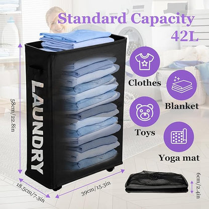 Black Rolling Laundry Hamper, Slim Laundry Basket with Wheels for Small Spaces, 42L Tall Narrow Dirty Clothes Hamper, Collapsible Laundry Bin for Bedroom Dorm Laundry Room