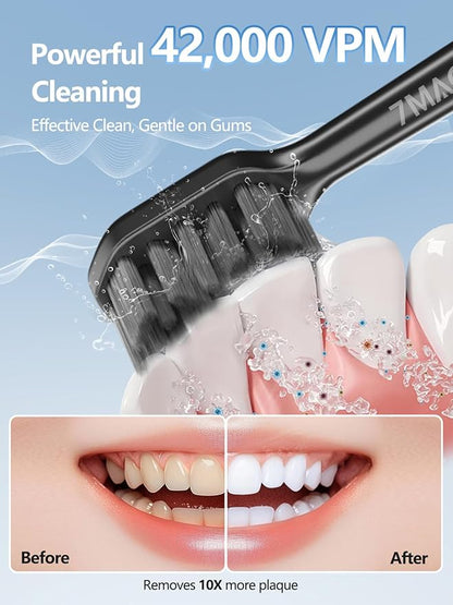 7MAGIC Sonic Electric Toothbrush for Adults and Kids - Up to 180 Days Runtime, 42000 VPM Powered Toothbrush, 5 Modes & 3 Intensities for Sensitive Teeth & Braces, Includes 8 Brush Heads, Black