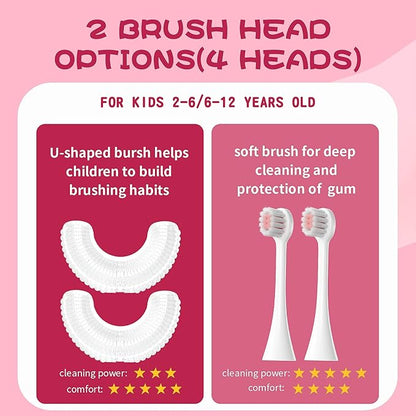 DYCROL Kids U Shaped Electric Toothbrush with 4 Brush Heads, Sonic Toothbrush Kids with 5 Modes, Cartoon Dinosaur 360-Degree Cleaning IPX7 Waterproof Design (6-12 Age (Pink))