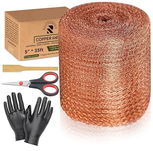 3rd Gen Copper Mesh Rodent Control Kit 5" x 35ft, 100% Premium Copper Wool for Sealing Holes & Water Gaps, Blocks Slugs, Snails, Mice & Pests – with Scissors, Gloves & Packing Tool
