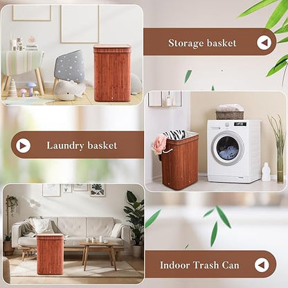 1 Pack 21 Gallon Bamboo Slim Trash Can with Lid Large Foldable Slim Rectangular Garbage Can Bamboo Waste Basket for Bathroom Bedroom Office Home Salon Spa (Coffee)