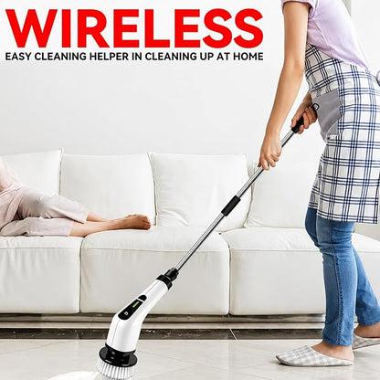7-in-1 Electric Spin Scrubber with Long Handle, Cordless Power Scrubber with 2 Speeds & 7 Replaceable Brush Heads for Bathroom, Shower, Bathtub, Tile, Floor, Glass & Car Cleaning.