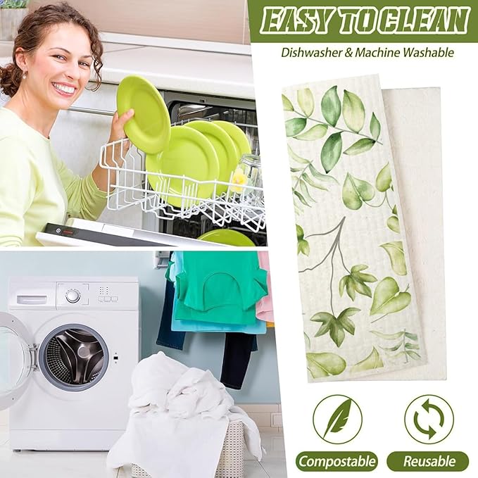 Swedish Dishcloths for Kitchen | 6 Pack Floral Reusable Paper Towels Washable | Swedish Dish Towels | Non-Scratch Cellulose Sponge Cloths | No Odor, Biodegradable Cleaning Cloths, Green Leaves