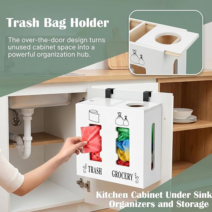 2 in 1 Trash Bag Dispenser and Grocery Bag Holder, Large Wooden Trash Bag Holder,Trash Bag Dispenser for Grocery Bags and Plastic Bags,Kitchen Cabinet Under Sink Organizers and Storage