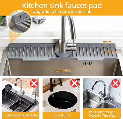 24" Silicone Sink Mat for Kitchen(Released in 2026) – 8° Slope for Quick Self-draining,Sink Splash Guard Behind the Faucet for Kitchen&Bathroom Area, Narrow Water Splash Guard Easy to Clean (Grey)