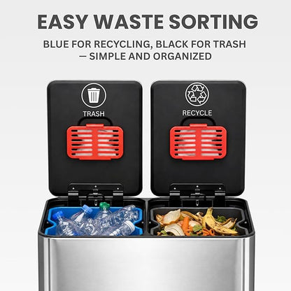 iTouchless SoftStep 16 Gallon Dual Compartment Kitchen Trash Can and Recycle Bin with dual AbsorbX Odor Filters, 60L Stainless Steel Step Garbage Can, Soft-Close Lids, Color-Coded Buckets (Black/Blue)