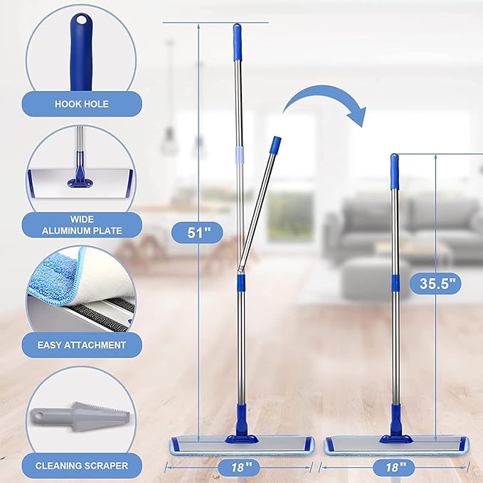 Professional 18" Microfiber Mop - Flat Mop with Stainless Steel Handle, 2 Reusable Washable Pads, Hardwood & Laminate (Blue)