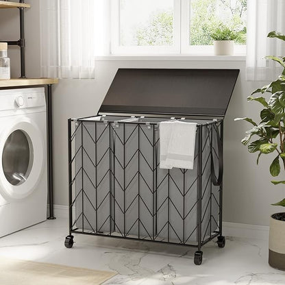 WOWLIVE Laundry Basket with Wheels, 142L Hamper 3 Section with Lid, Dirty Clothes Hamper with Removable Bags, Large Capacity Iron-Made Organizer Laundry Sorter for Dorm, Grey