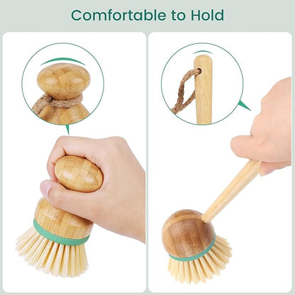 TOPULORS Set of 3 Bamboo Dish Scrub Brushes Wooden Handle Stiff Bristles Scrubbers for Cast Iron Pans Pots Vegetables Sink Cleaning - Durable Kitchen Dish Washing Brush (2 Mini and 1 Long Handle)…