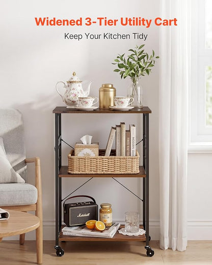 VEVOR Kitchen Utility Cart, 3 Tier 23.7 in Microwave Stand Coffee Cart, Heavy Duty Storage Rack, Service Trolley on Wheels, Industrial Rolling Work Table with 8 Hooks, for Mini Oven, Toaster, Vintage