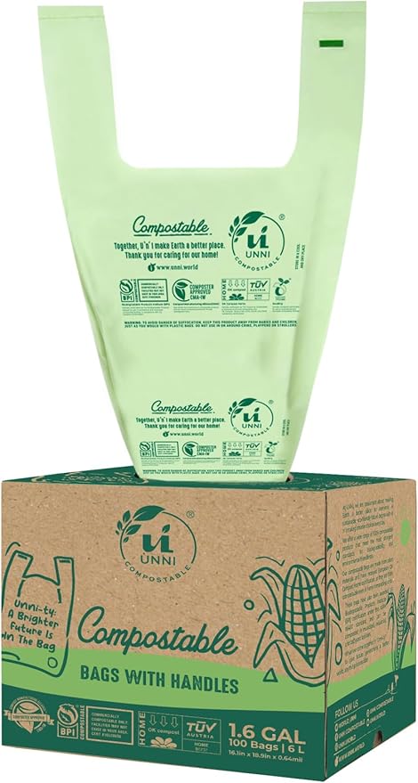 UNNI 1.6 Gallon Compostable Trash Bags with Tie Handles, 200 Count Small Food Scrap Kitchen Compost Bags for Countertop Bin, Certified by BPI, CMA & OK compost HOME, Meets ASTM D6400