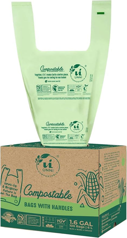 UNNI 1.6 Gallon Compostable Trash Bags with Tie Handles, 200 Count Small Food Scrap Kitchen Compost Bags for Countertop Bin, Certified by BPI, CMA & OK compost HOME, Meets ASTM D6400