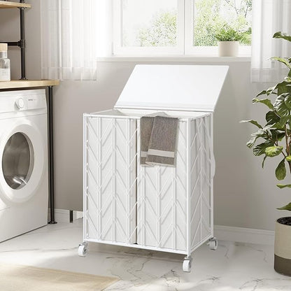 WOWLIVE Laundry Basket with Wheels, Heavy Duty Laundry Hamper with Wood Lid, Clothes Hamper with Divided Removable Liner Bag, Large Capacity Iron-Made Laundry Sorter Laundry Room Organization (White)