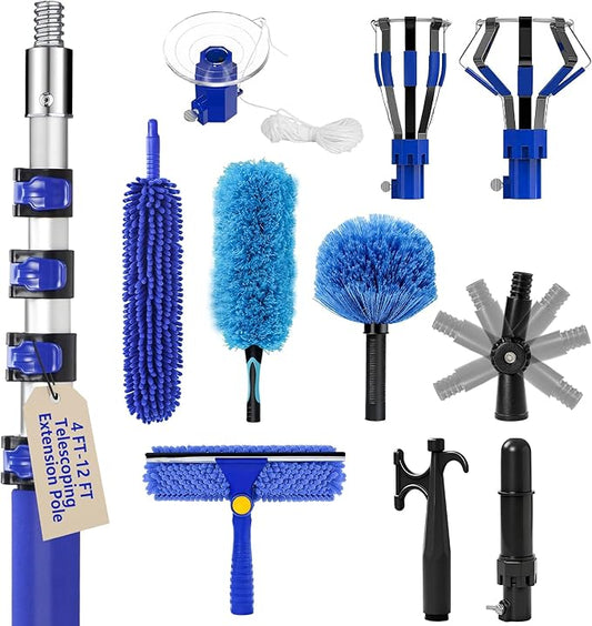 20FT Light Bulb Changer for High Ceilings with 5-12FT Heavy Duty Extension Pole,High Ceiling Fan Duster Extendable Reusable Cobweb,Feather,Window Cleaning Squeegee Kit for Home & House,Interior Roof