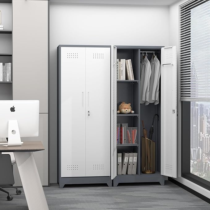 Metal Storage Cabinet with Lockable Doors, 65" Steel Utility Cabinet for Garage & Home Office, Tall Broom Closet with Adjustable Shelves, Vents & Cable Hole for Tools, White/Grey