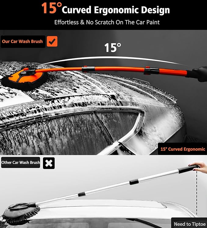 YeewayVeh Car Wash Brush Mop, 15° Curved Pole Car Wash Kit with 3 Chenille Brush Head Covers or RV Truck Camper Cleaning, Orange