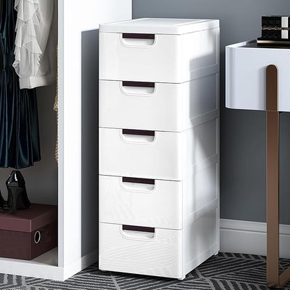 Plastic Drawers Dresser Storage Cabinet with Wheels,5 Drawer Stackable Vertical Clothes Storage Tower,Organizer Unit for Bathroom Entryway Living Room,White
