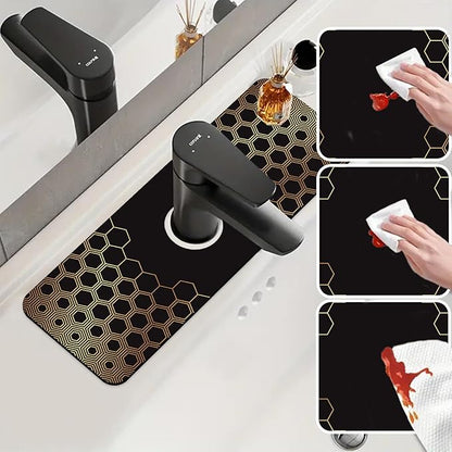 Sink Splash Guard Faucet Mat Black Gold Honeycomb Absorbent Fast Drying Mat Sink Gadgets Splash Guard Behind Faucet Drip Catcher for Kitchen Bathroom 15.5"X5.5"