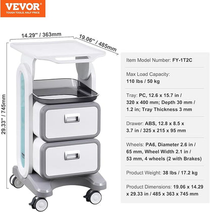VEVOR 3 Tiers Lab Carts, Lab Utility Cart with 2 Drawers & 1 Top Tray, Mobile Medical Cart with ABS Material, Lab Rolling Cart with 4 Silent Wheels for Lab, Clinic, Hospital, Salon, White