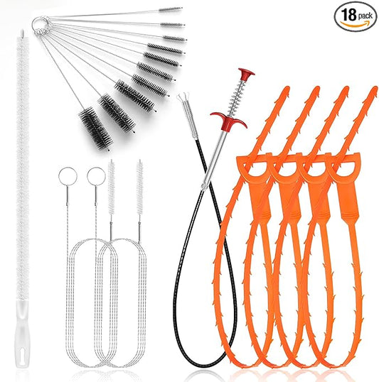 18PCS Drain Clog Remover Tool Set – 59” Drain Snake (2), Snake Drain Hair Removal Tool, 25” Plumbing Snake (4), 24” Sink Snake (1), 18” Sink Drain Cleaner Tool (1), Straw Cleaning Brushes (10)