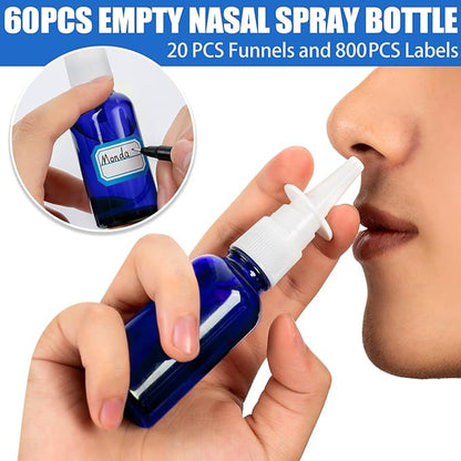 100 Pcs Nasal Spray Bottle, 1OZ/30ML Glass Bule Empty Nasal Spray Bottles Refillable with 20 Funnels and 20 Labels