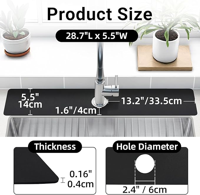 LOPNUR Faucet Mat for Kitchen Sink Cuttable, 29 Inch Extra Long Sink Splash Guard Behind Faucet, Super Absorbent Diatomite Sink Protector Mat, Bathroom Water Splash Guard Fast Dry, Easy to Cut, Black