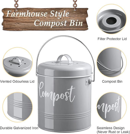 DAYYET Gray Compost Bin Kitchen, 1.3 Gallon Farmhouse Kitchen Compost Bin Countertop with Lid and Charcoal Filters, Indoor Compost Bucket for Decor and Accessories