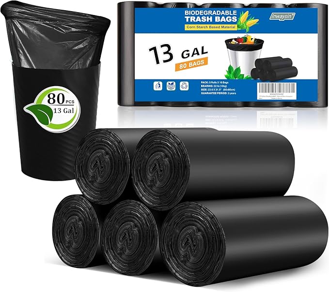 13 Gallon Biodegradable Garbage Bags - Unscented Clear Black Trash Bag 80 Pack Extra Large Maximum Strength & Leakproof for Standard Tall Kitchen & Commercial Bins Inwaysin