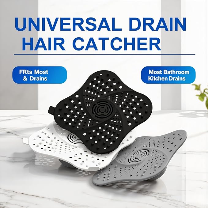 4 Pack Shower Drain Hair Catcher, Premium Silicone Shower Hair Catcher with Suction Cup for Regular Drains of Shower Kitchen Bathtub Bathroom