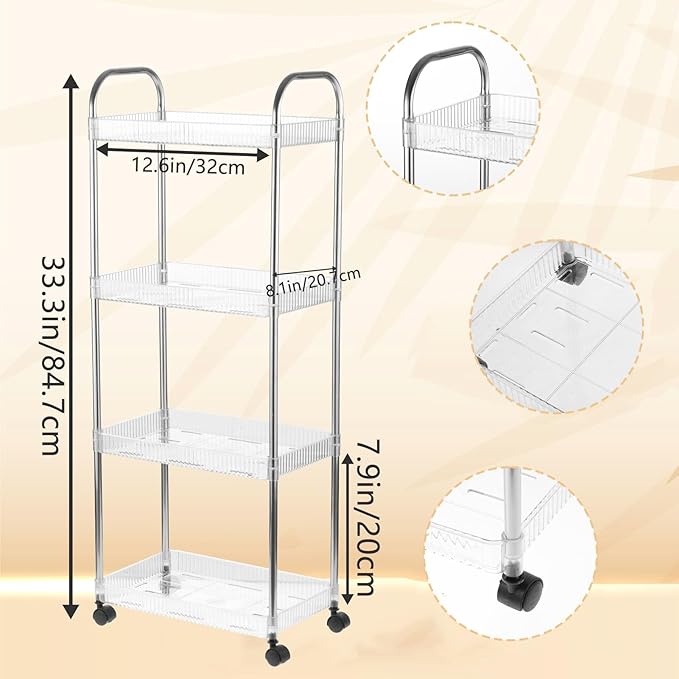 4 Tier Kitchen Bathroom Storage Rolling Cart 39 Inches Tall Slim Utility Rolling Shelf Cart with 4 Universal Wheels Coner Storage Shelves Cart (Acrylic)