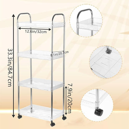 4 Tier Kitchen Bathroom Storage Rolling Cart 39 Inches Tall Slim Utility Rolling Shelf Cart with 4 Universal Wheels Coner Storage Shelves Cart (Acrylic)