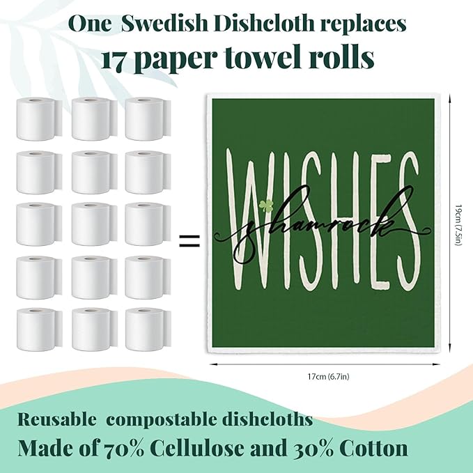 Lucky Wishes Green Swedish Dishcloths for Kitchen, Swedish Dish Cloths for Four-Leaf Clover, 4 Pack Dish Towels for Kitchen, Papaya Reusable Paper Towels Washable