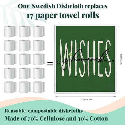 Lucky Wishes Green Swedish Dishcloths for Kitchen, Swedish Dish Cloths for Four-Leaf Clover, 4 Pack Dish Towels for Kitchen, Papaya Reusable Paper Towels Washable