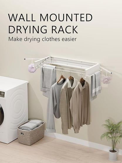 JOOM Laundry Drying Rack Collapsible, Wall Mounted Drying Rack, Clothes Drying Rack, 31.5" Wide, 5 Aluminum Rods, 60 lb Capacity (White 31.5" with Hooks)