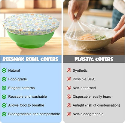 2-Pack Reusable Beeswax Bowl Covers with Floral Pattern, 10/12 Inch Elastic Cotton Food Storage Covers for Bread Proofing, Sourdough Dough & Kitchen Containers