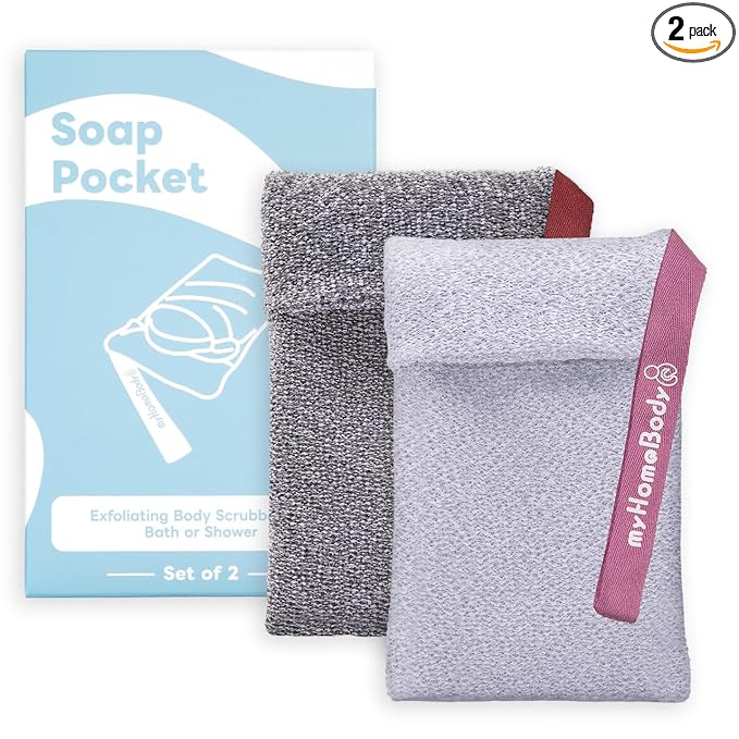 myHomeBody Soap Pocket Exfoliating Pouch, Body Scrubber Sponge, Exfoliator for Bath, Shower or Leftover Bits Saver, Dark Gray, Light Gray - 2 Pack