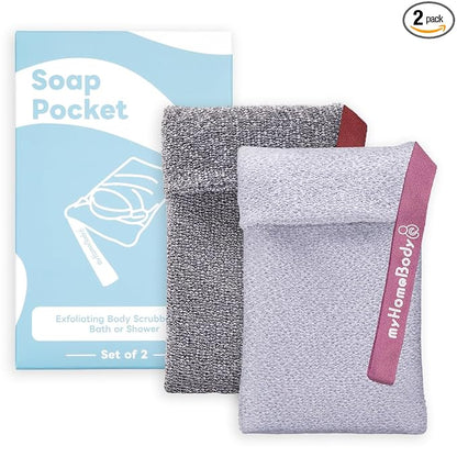myHomeBody Soap Pocket Exfoliating Pouch, Body Scrubber Sponge, Exfoliator for Bath, Shower or Leftover Bits Saver, Dark Gray, Light Gray - 2 Pack