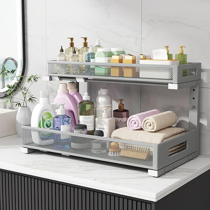 1 Pack 19IN Depth Under Sink Storage Organizer, Large 2-Tier Elegant Mesh Pull Out Shelf for Kitchen and Bathroom Cabinet Organization, L-Shaped and Adjustable Height Design-Gun Gray