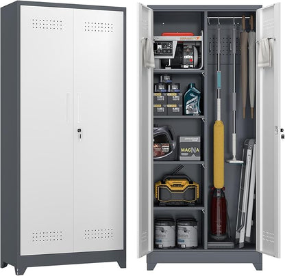 72.8" H Metal Garage Storage Cabinets with Doors and Shelves, Broom Closet Storage Cabinet, Tool Cabinets with Hanging Rod, Cleaning Storage Cabinets for Garage,Bedroom Office Grey&White