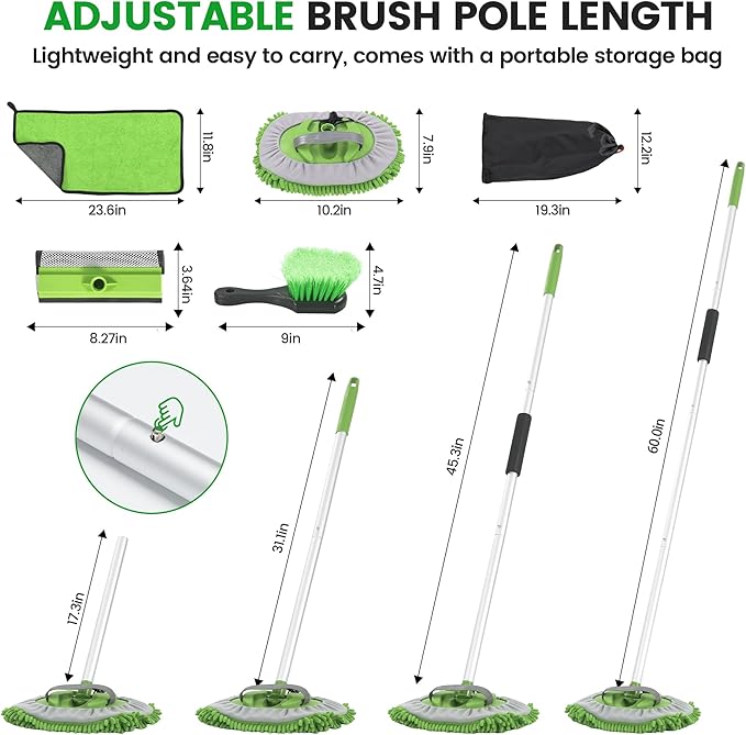 Car Wash Brush with Long Handle, 62'' Car Wash Mop, 7Pcs Chenille Microfiber Cars Washing Kit with Window Squeegee/Microfiber Towels /Wheel Brush for Cars RV Truck Boat Floor Window, Green