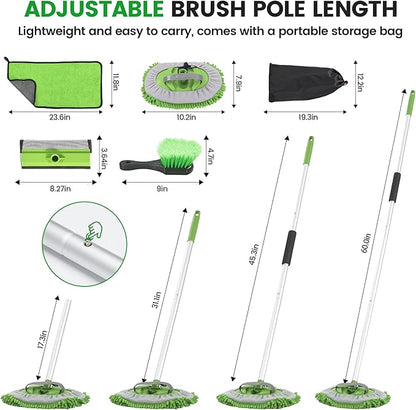 Car Wash Brush with Long Handle, 62'' Car Wash Mop, 7Pcs Chenille Microfiber Cars Washing Kit with Window Squeegee/Microfiber Towels /Wheel Brush for Cars RV Truck Boat Floor Window, Green
