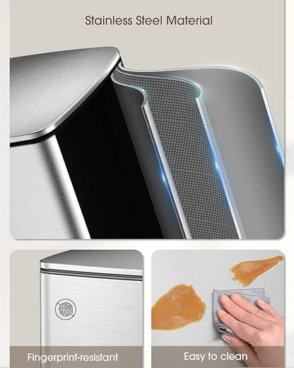 Lovewind Kitchen Trash Can with Lid, 8 Gallon/30 L Footstep Garbage Can for Kitchen Bedroom Home Office, 30 Liter Trash Bin Brushed Stainless Steel Waste Bin with Soft-Close Lid,Silver