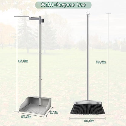 Metal Broom with Dustpan Combo Set-Long Handle Broom with Dustpan,Heavy Duty Standing Dust Pan & Soft Bristles Brooms,Indoor Outdoor Dust Pan Brooms for Home Office Lobby Floor