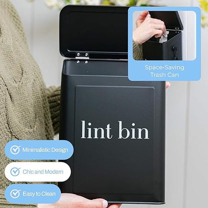 Magnetic Laundry Lint Bin for Dryer | Wall-Mounted Small Trash Can for Laundry Room | Includes Magnetic Hook & Lint Brush | Space-Saving Magnetic Laundry Trash Can | Matte Black