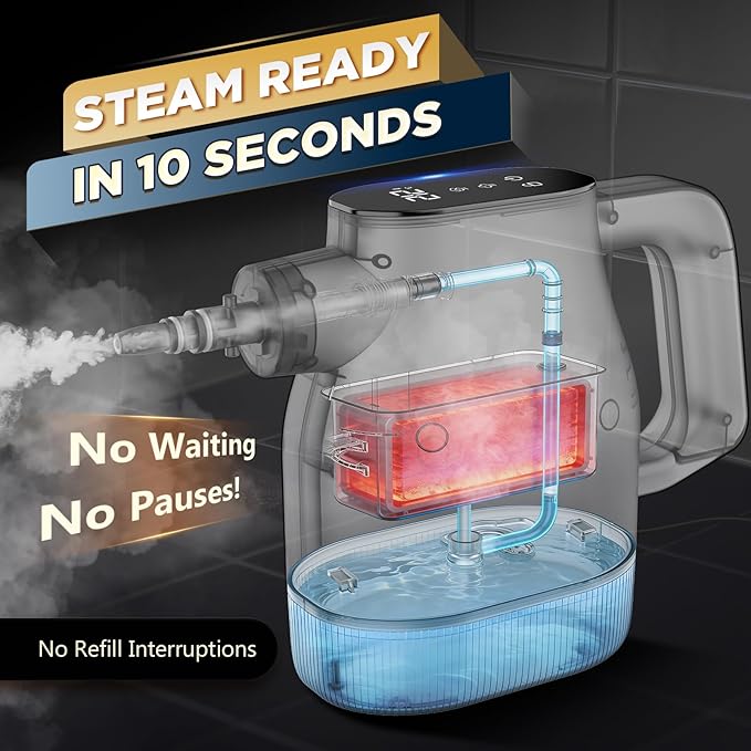 Handheld Steam Cleaner, 3S Fast Heating Pressurized Steamer with Smart Touchscreen, 1350W Portable Steam Cleaner for Home Grout Tile Grease Kitchen Bathroom Car Detailing, Continuous Refill
