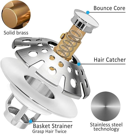 AzWzz Bathroom Sink Drain Strainer, 3 in 1 Pop Up Bathroom Sink Stopper Plug with Hair Catcher Cover, Universal for 1.06 in to 1.6 in Sink Drain, Brushed Nickel